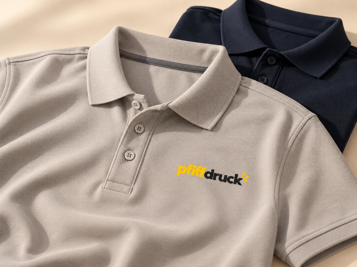 Hellgraues Poloshirt mit Knopfleiste und pfiffdruck-Logo auf der Brust