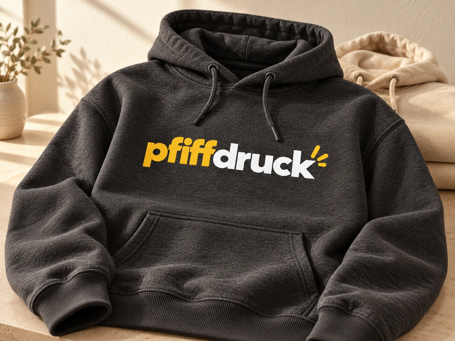 Anthrazitfarbener Hoodie mit gelbem und weißem pfiffdruck-Motiv – Gestaltungsbeispiel