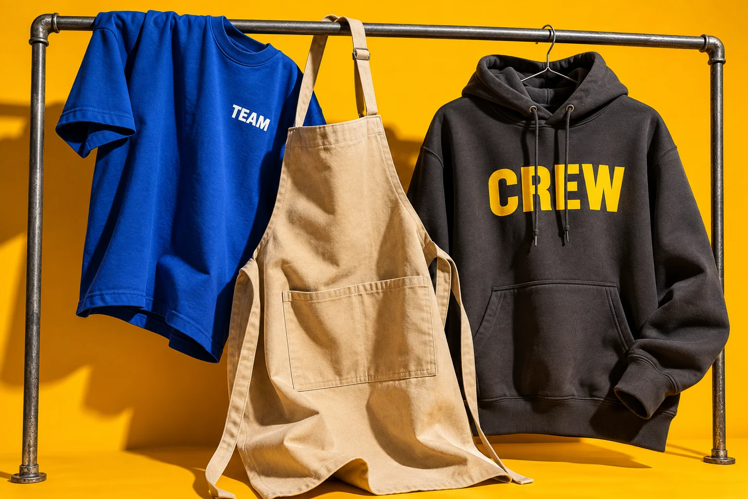 Beige Schürze neben einem blauen Shirt und dunklen Hoodie – Gestaltungsbeispiel